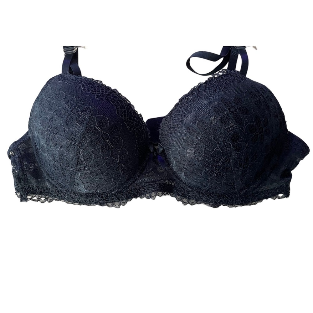 Laura Ashley Navy Blue Floral Lace Push Up Bra 36C Underwire